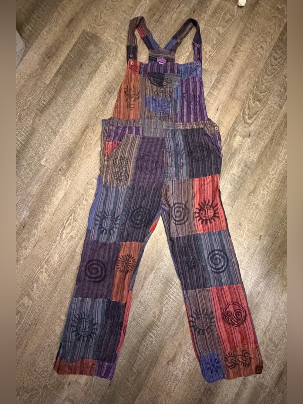 Patchwork Sun & Spiral Overalls Jumpsuit - Multicolor